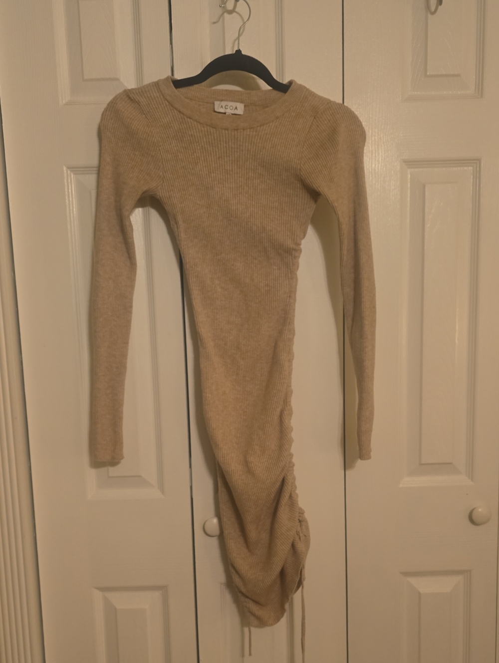 Alda Beige Ribbed Crewneck Sweater Dress
